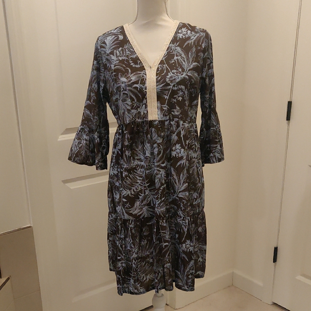 SAIPH Santorini Floral Maxi Dress Size M Blue White Cotton Italy Relaxed Coastal